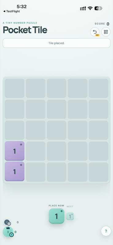 Pocket Tile early gameplay on a nearly empty 5×5 board