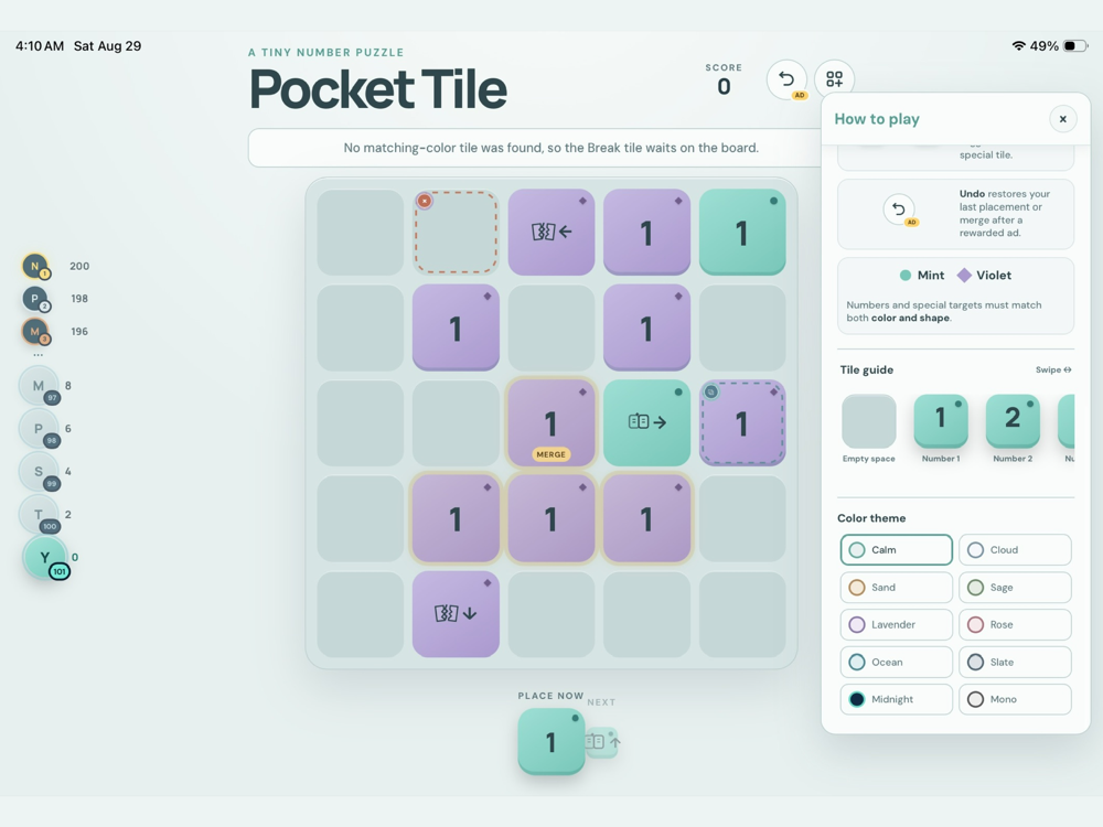 Pocket Tile how-to-play screen explaining Break and Clone tiles