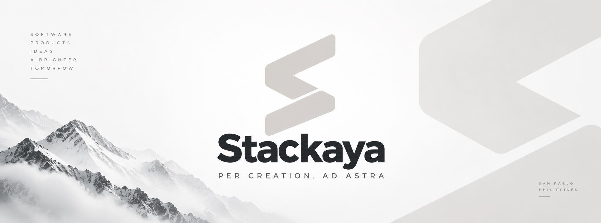 Stackaya — Per Creation, Ad Astra. Pale stone logo above a mountain landscape, with the words software, products, ideas, a brighter tomorrow.